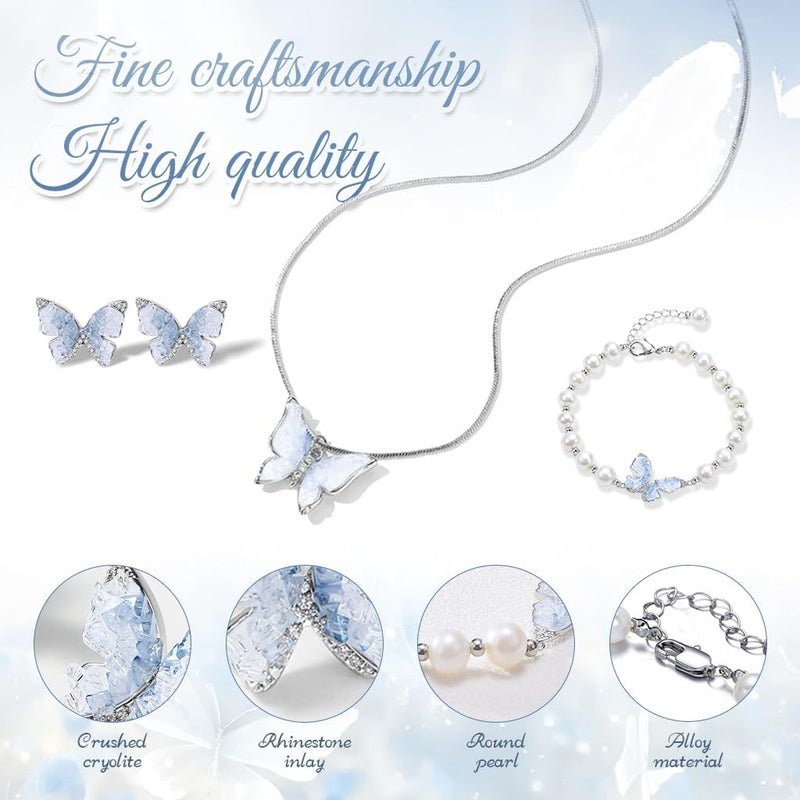 HANNEA® Jewellery Set for Women Girls, Crystal Butterfly Pendant Necklace, Pearl Choker, Bracelet & Stud Earrings, Elegant Gift for Birthday, Valentine’s Day, Christmas - Image 4