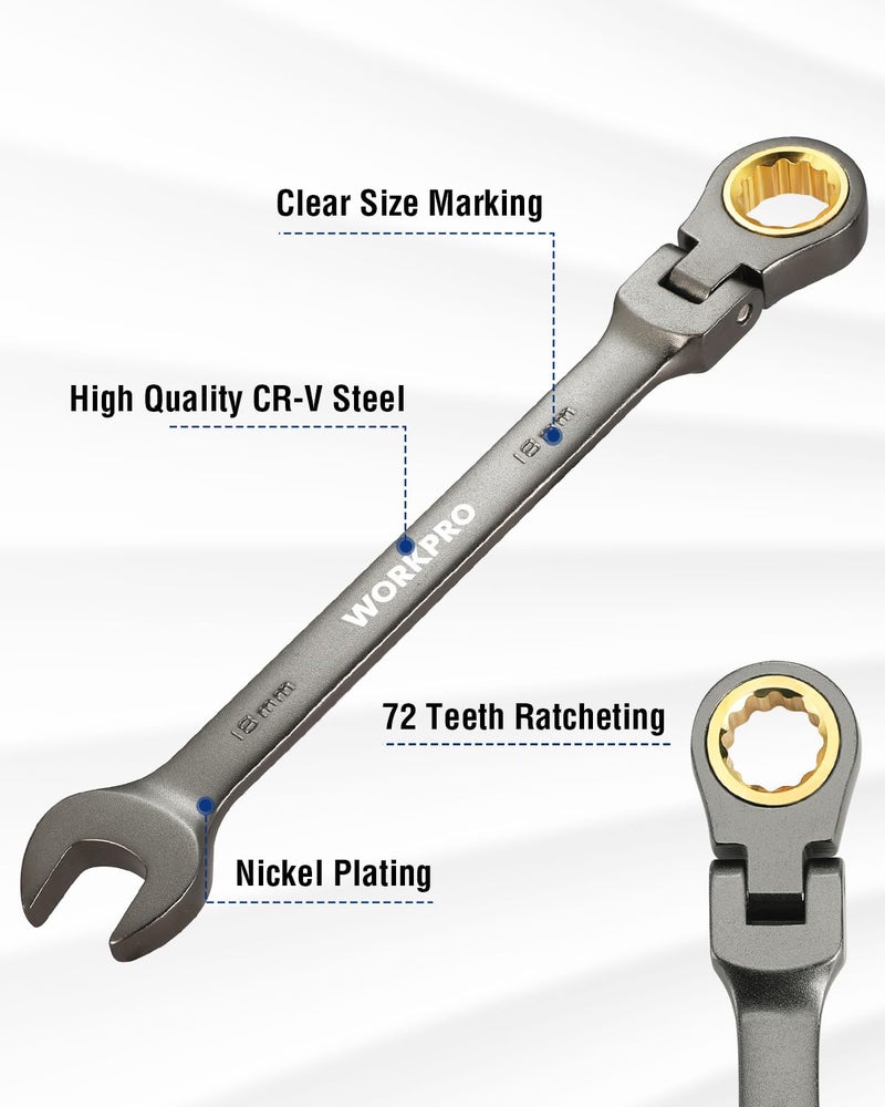WORKPRO 18 mm Flex-Head Ratcheting Combination Wrench, Cr-V Constructed, Nickel Plating, 72-Teeth, 12 Point Design, Metric - Image 2