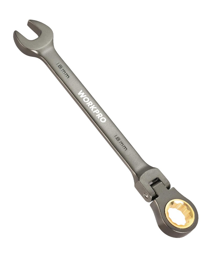 WORKPRO 18 mm Flex-Head Ratcheting Combination Wrench, Cr-V Constructed, Nickel Plating, 72-Teeth, 12 Point Design, Metric - Image 1