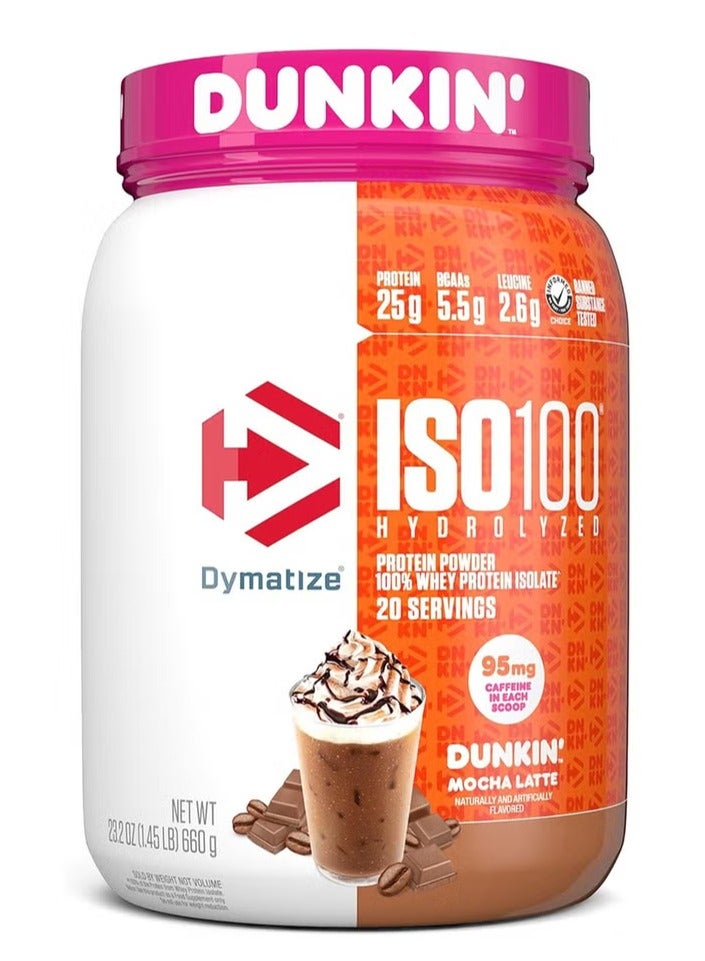 Dymatize ISO 100 Hydrolyzed Whey Protein Isolate, Dunkin Mocha Latte Flavor, 1.45 LB, 85% Pure Protein, Low Fat - Image 1