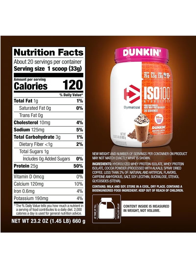 Dymatize ISO 100 Hydrolyzed Whey Protein Isolate, Dunkin Mocha Latte Flavor, 1.45 LB, 85% Pure Protein, Low Fat - Image 4