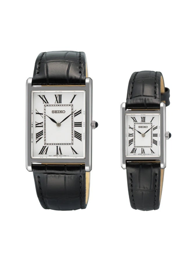 Seiko Couple Pair Watch Set SWR103P1 & SWR107P1 Quartz White Dial Sapphire Crystal Black Leather Strap - Image 1
