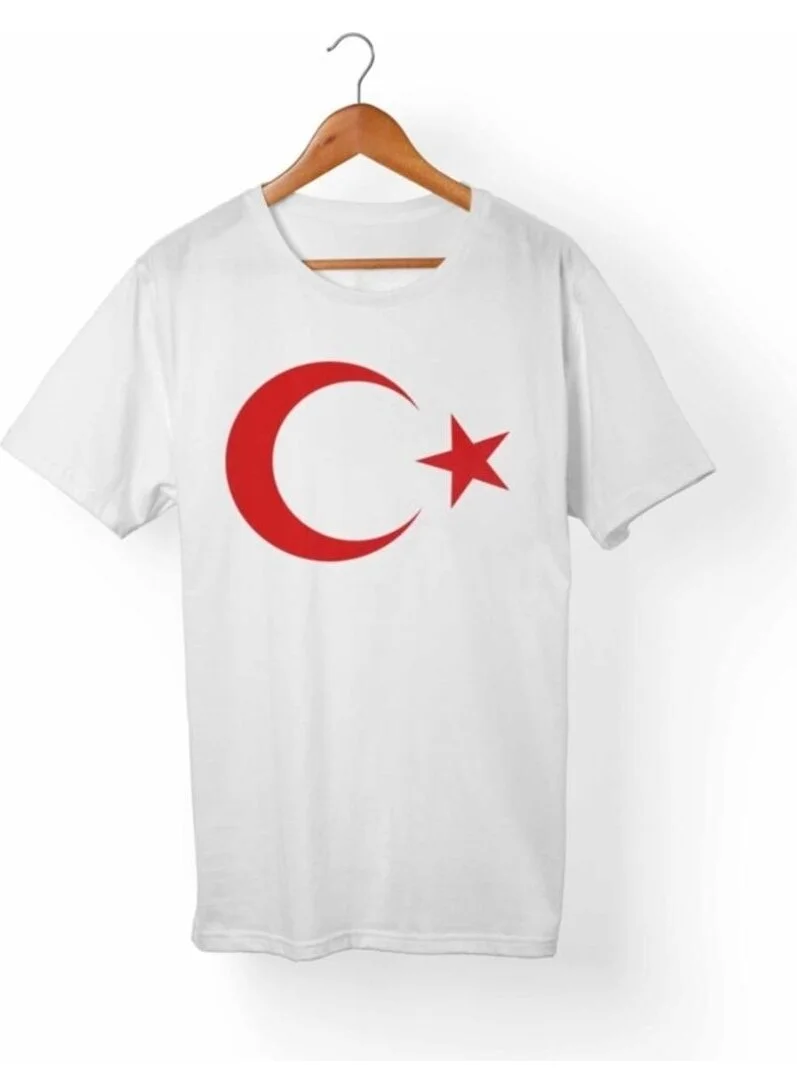 Masho Trend White Printed Crescent and Star Tshirt + Balloon + Flag 29 October Republic Day T-Shirt