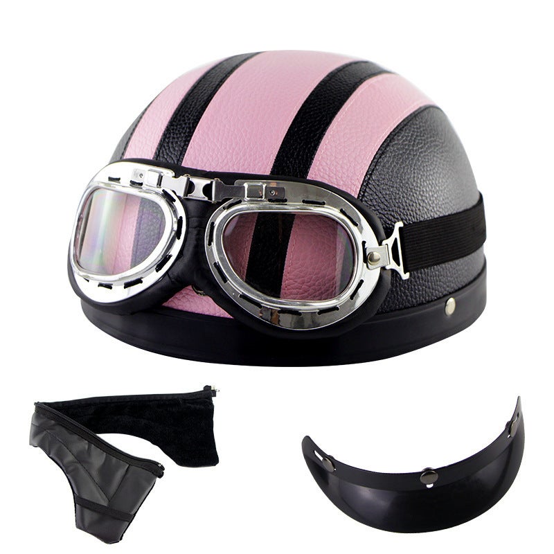 Generic Motorcycle Half Helmet Unisex Summer Riding Safety Gear Pink leather helmet + Harley goggles + detachable scarf 
