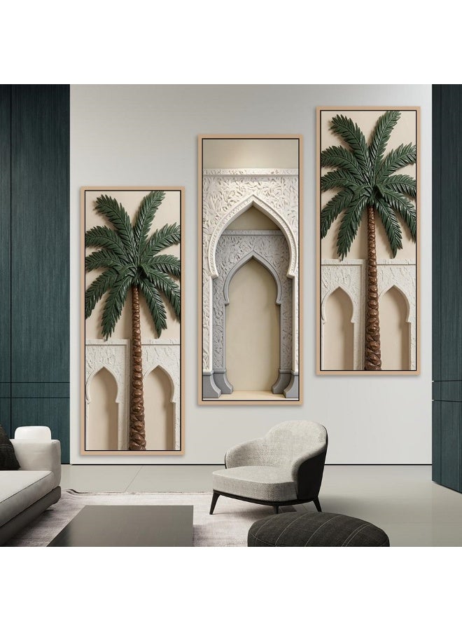 لوحات جدارية ثلاثية باطار ذهبي  مودرن بتصميم بارز ثلاثي الأبعاد - بنقوش العمارة الإسلامية التراثية وشجر النخيل، طقم من 3 قطع مع إطار خشبي فاخر - Image 1