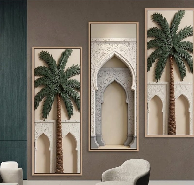 لوحات جدارية ثلاثية باطار ذهبي  مودرن بتصميم بارز ثلاثي الأبعاد - بنقوش العمارة الإسلامية التراثية وشجر النخيل، طقم من 3 قطع مع إطار خشبي فاخر - Image 2