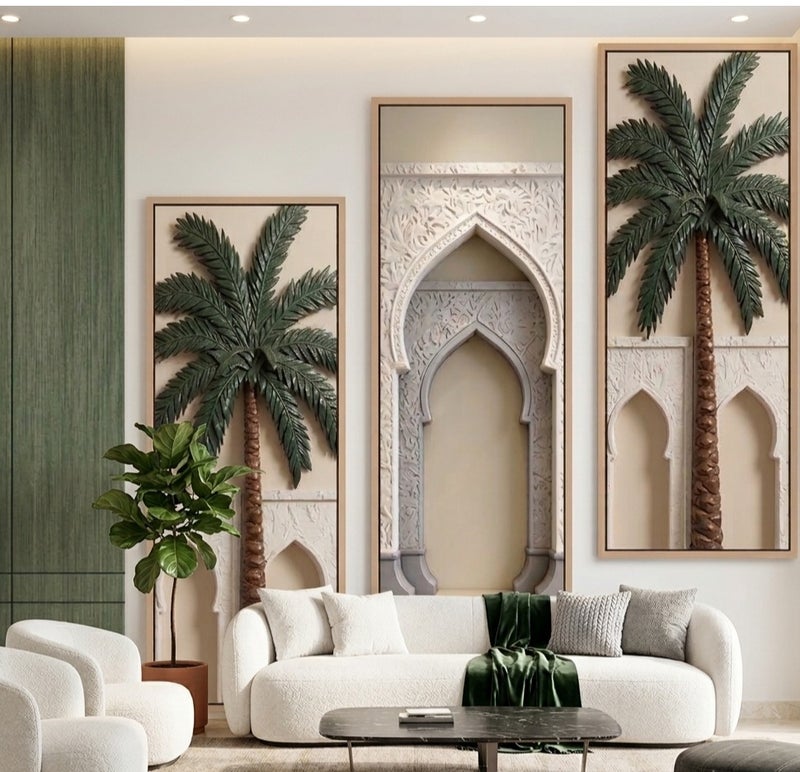 لوحات جدارية ثلاثية باطار ذهبي  مودرن بتصميم بارز ثلاثي الأبعاد - بنقوش العمارة الإسلامية التراثية وشجر النخيل، طقم من 3 قطع مع إطار خشبي فاخر - Image 3