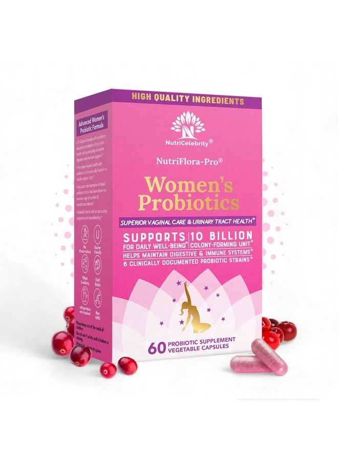Nutricelebrity NutriFlora-Pro Probiotics for Women - Support Vaginal, Urinary Health (UTI), Digestive System, Period Pain, Yeast, and BV Relief, Cranberry Pills, 10 Billion CFU 6 Strains (60 Caps) - Image 1