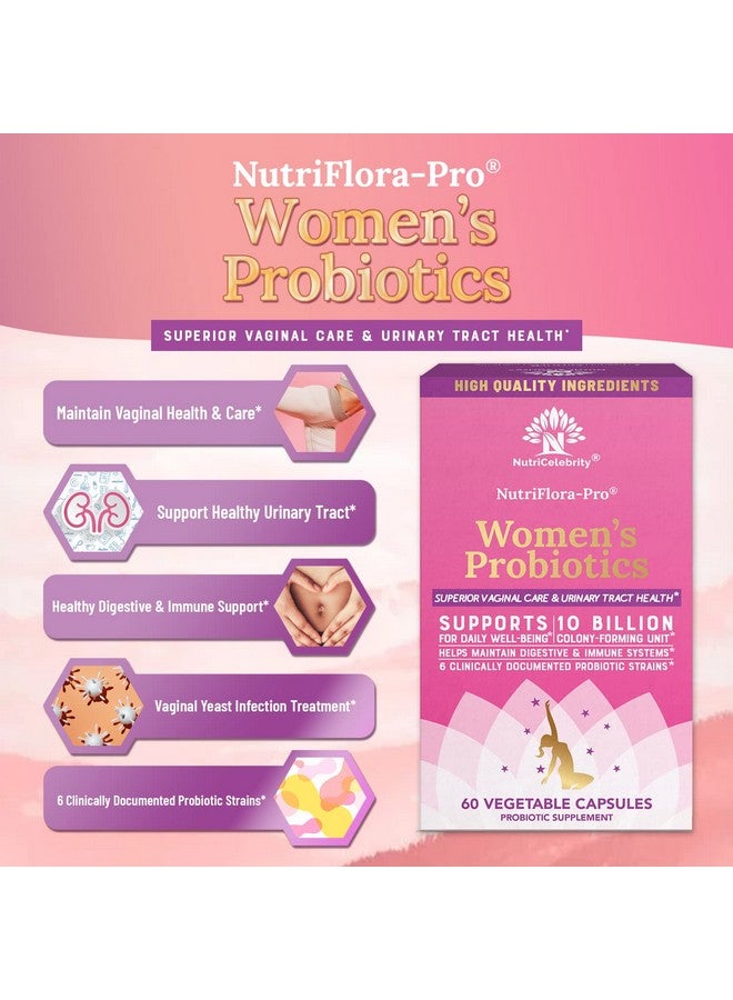 Nutricelebrity NutriFlora-Pro Probiotics for Women - Support Vaginal, Urinary Health (UTI), Digestive System, Period Pain, Yeast, and BV Relief, Cranberry Pills, 10 Billion CFU 6 Strains (60 Caps) - Image 3
