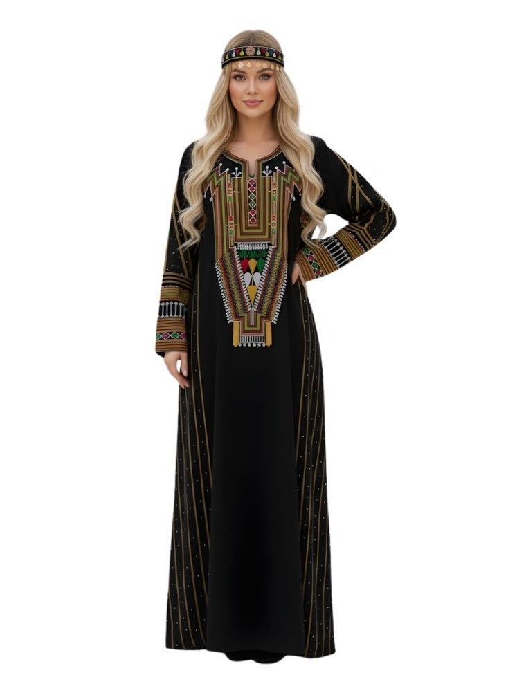 بريميم جلابية عسيرية سوداء بتطريز هندسي متعدد الألوان - الزي التقليدي النسائي ليوم تأسيس المملكة العربية السعودية، جلابية عسيرية أنيقة تعكس التراث الثقافي السعودي. - Image 1