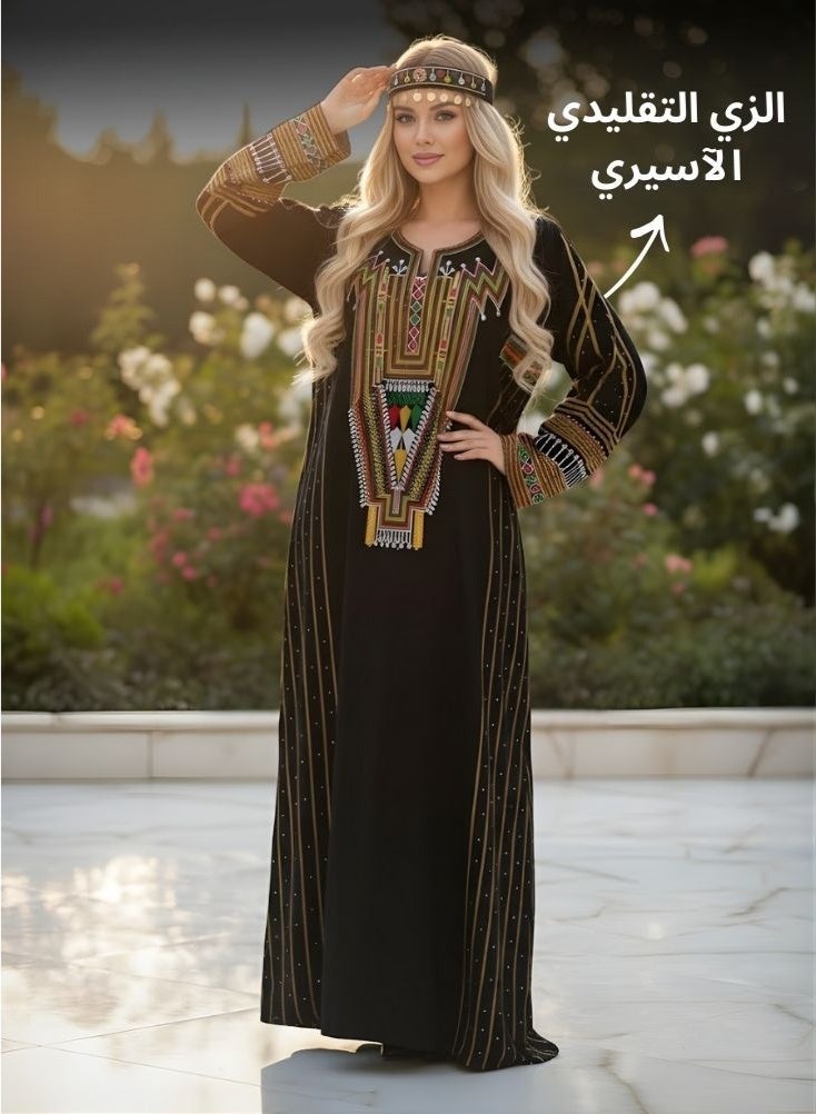 بريميم جلابية عسيرية سوداء بتطريز هندسي متعدد الألوان - الزي التقليدي النسائي ليوم تأسيس المملكة العربية السعودية، جلابية عسيرية أنيقة تعكس التراث الثقافي السعودي. - Image 2