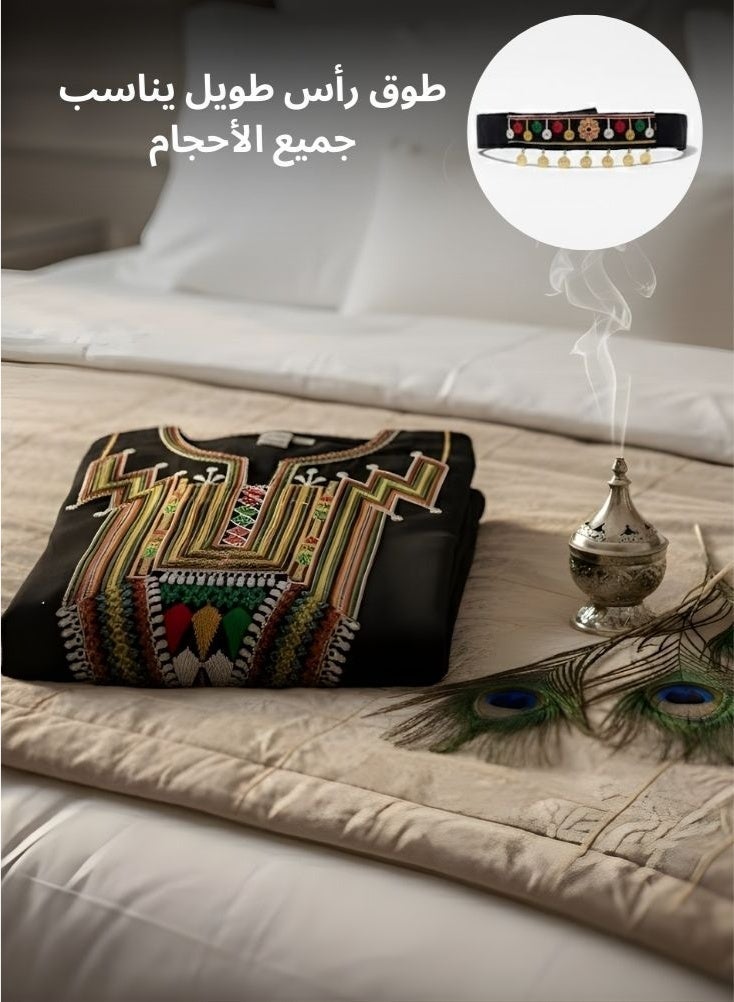 بريميم جلابية عسيرية سوداء بتطريز هندسي متعدد الألوان - الزي التقليدي النسائي ليوم تأسيس المملكة العربية السعودية، جلابية عسيرية أنيقة تعكس التراث الثقافي السعودي. - Image 4