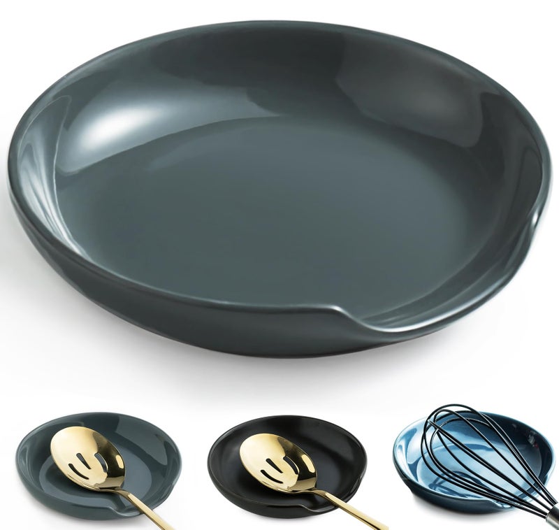 LYEOBOH Ceramic Spoon Rest for Stove Top 5 Inch Kitchen Spoon Rest Cooking Spoon Holder Farmhouse Spatula Holder Drip Tray for Multiple Utensils Cute Coffee Accessories for Stove Gray