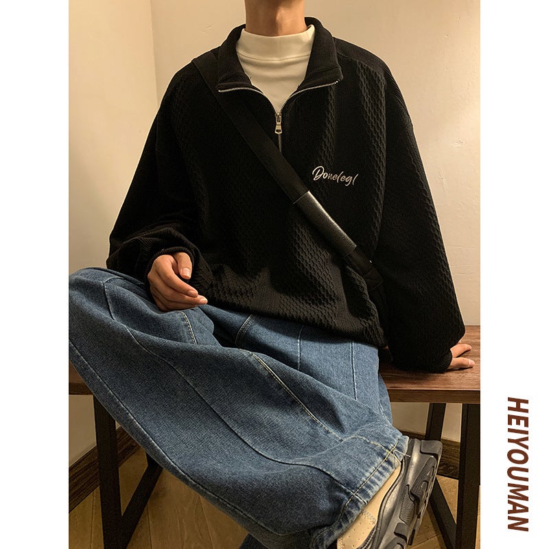 Spring Autumn Stand Collar Sweatshirt Men Loose Fit Casual White High Street Black  - Image 5