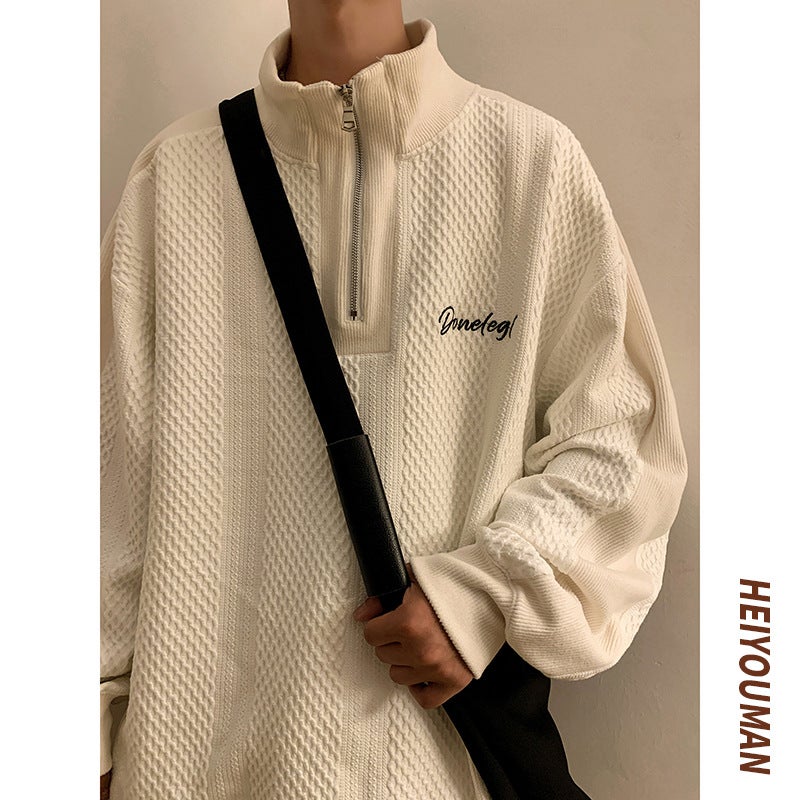 Spring Autumn Stand Collar Sweatshirt Men Loose Fit Casual White High Street Black  - Image 3