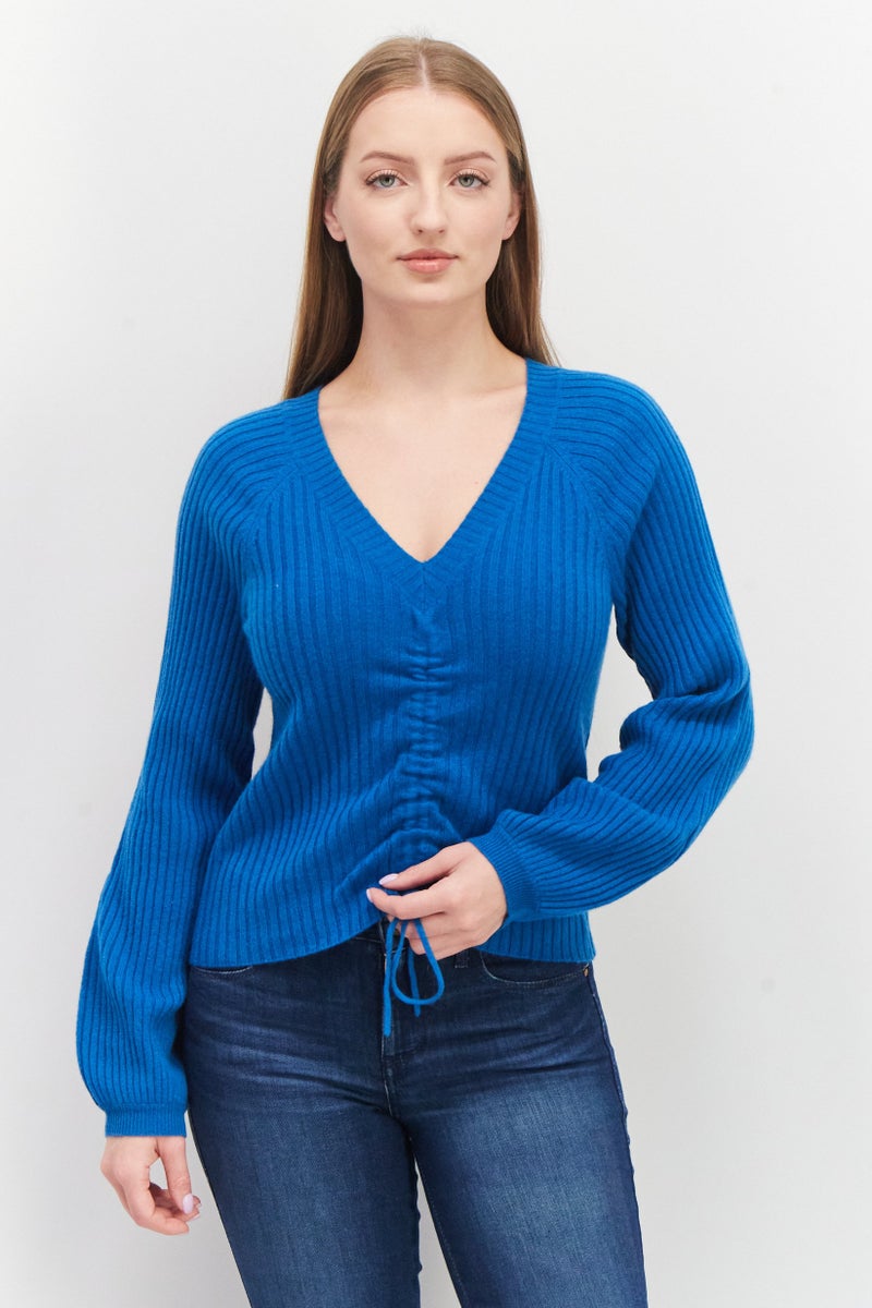 Aqua سويت شيرت نسائي بأكمام طويلة وقبة على شكل V مع حبل سحب، لون أزرق مائل إلى الأخضر - Image 1