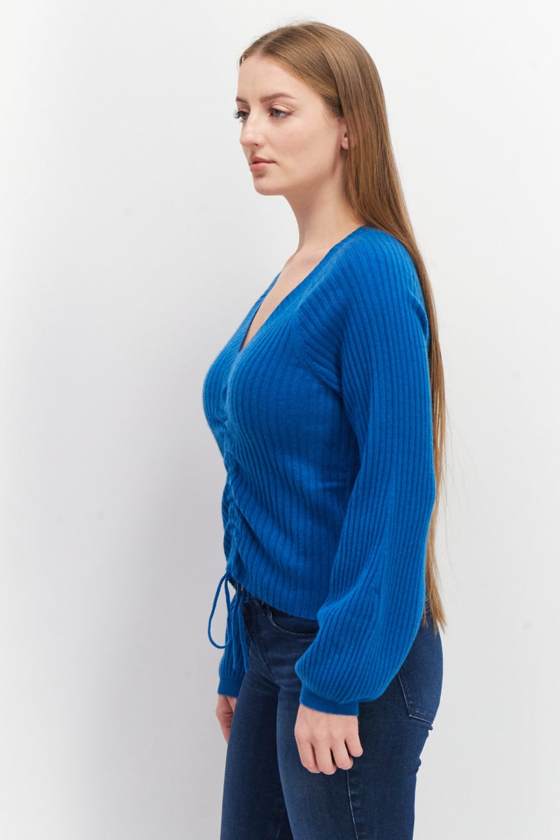 Aqua سويت شيرت نسائي بأكمام طويلة وقبة على شكل V مع حبل سحب، لون أزرق مائل إلى الأخضر - Image 2