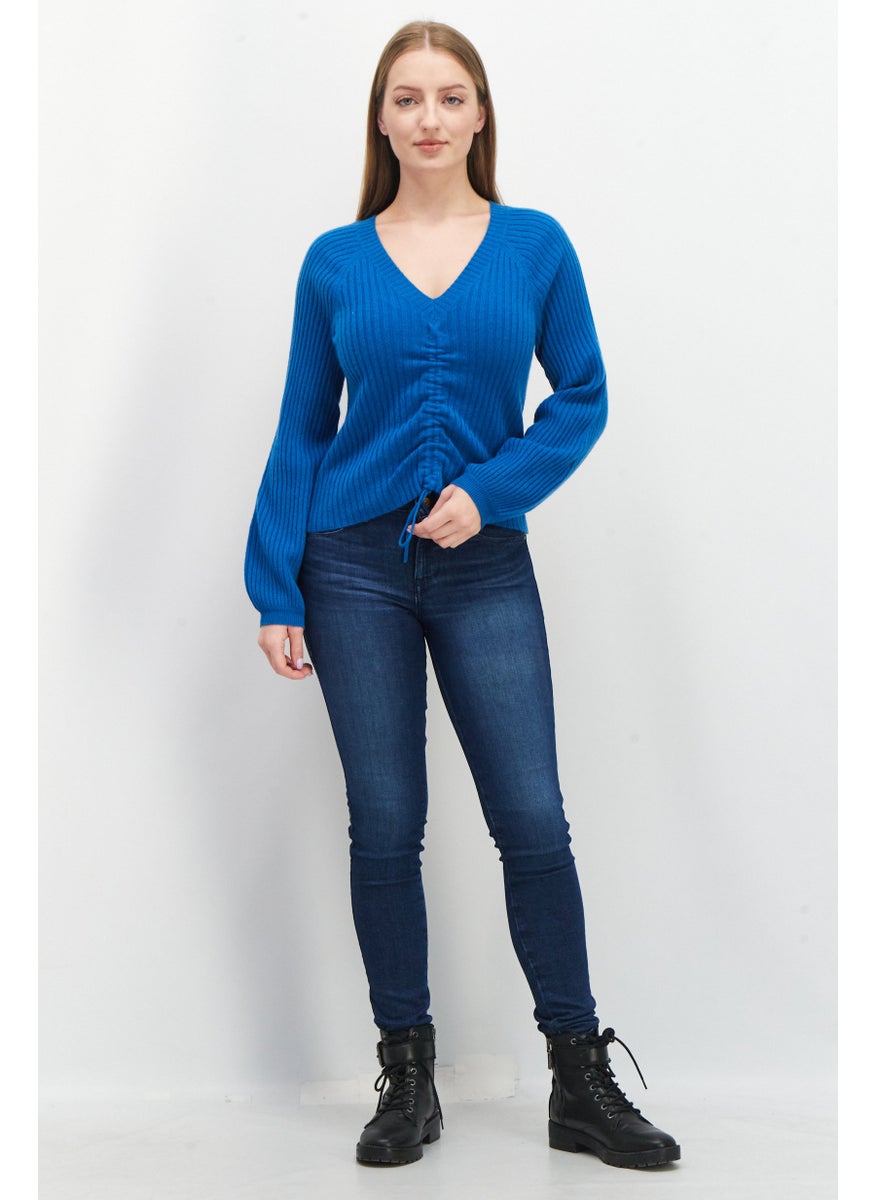 Women V-Neck Drawstring Long Sleeve Ribbed Sweater, Teal - pzsku/Z4C034CDAE2397F55DB39Z/45/_/1737642930/10bed247-66e9-42e6-b1a6-6a8bfbcaf14f