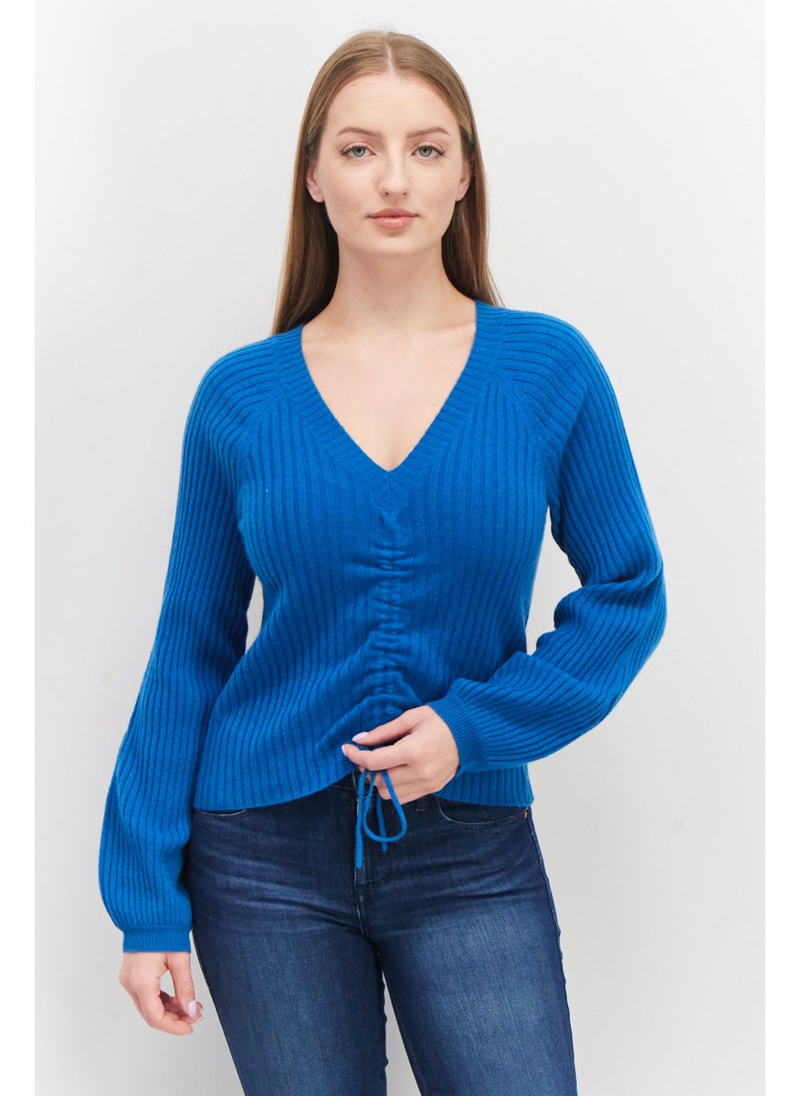 Women V-Neck Drawstring Long Sleeve Ribbed Sweater, Teal - pzsku/Z4C034CDAE2397F55DB39Z/45/_/1737643063/7ed87d5d-0fcd-43e4-8d13-031ae4089638