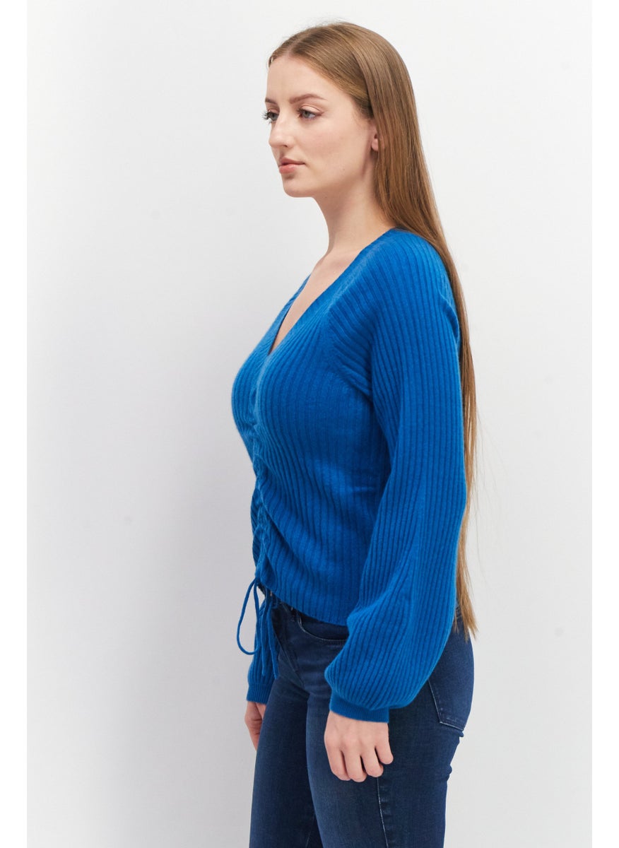 Women V-Neck Drawstring Long Sleeve Ribbed Sweater, Teal - pzsku/Z4C034CDAE2397F55DB39Z/45/_/1739715324/609610be-9faa-4867-ab83-4cc5ad14daf6