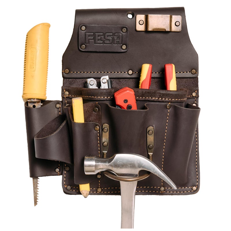 FESA Leather Drywall Tool Pouch - 10-in-1 Men's Heavy Top Grain Leather Tool Pouch with Steel Hammer Loop & Tape Measure Clip - Fits Work Belts up to 3" - Handcrafted (Brown) - Image 1