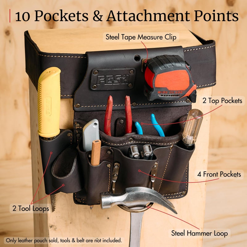 FESA Leather Drywall Tool Pouch - 10-in-1 Men's Heavy Top Grain Leather Tool Pouch with Steel Hammer Loop & Tape Measure Clip - Fits Work Belts up to 3" - Handcrafted (Brown) - Image 4