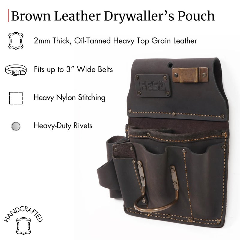 FESA Leather Drywall Tool Pouch - 10-in-1 Men's Heavy Top Grain Leather Tool Pouch with Steel Hammer Loop & Tape Measure Clip - Fits Work Belts up to 3" - Handcrafted (Brown) - Image 2