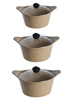 PROCILA 9-Piece Aluminum Cookware Set Beige With Tempered Glass Lid, Non-Stick & Granite Coating; Casserole Sizes 20,24,28CM; Frypan Size 24CM; 2PCS Silicone Handles  - Image 2
