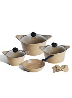 PROCILA 9-Piece Aluminum Cookware Set Beige With Tempered Glass Lid, Non-Stick & Granite Coating; Casserole Sizes 20,24,28CM; Frypan Size 24CM; 2PCS Silicone Handles  - Image 1