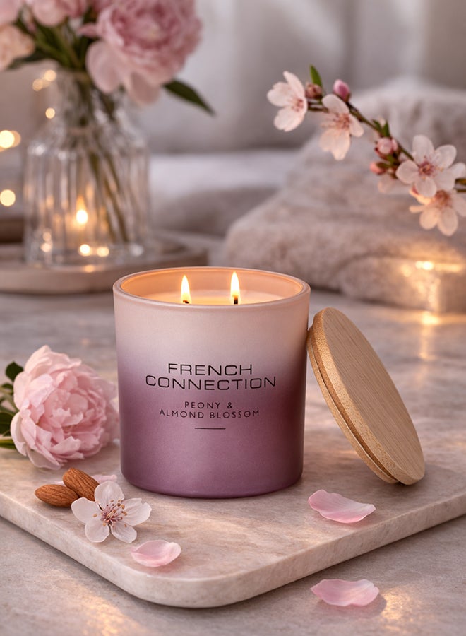 French Connection شمعة جرة معطرة ببتونيا وزهرة اللوز - 322غ، 2 فتيلة مع غطاء خشبي | مدة الاحتراق - 42 ساعة | مجموعة أومبري | مثالية للهدايا، ديكور المنزل، الحفلات وعطر الغرف | مثالية لديكور غرفة المعيشة والمكتب - Image 1