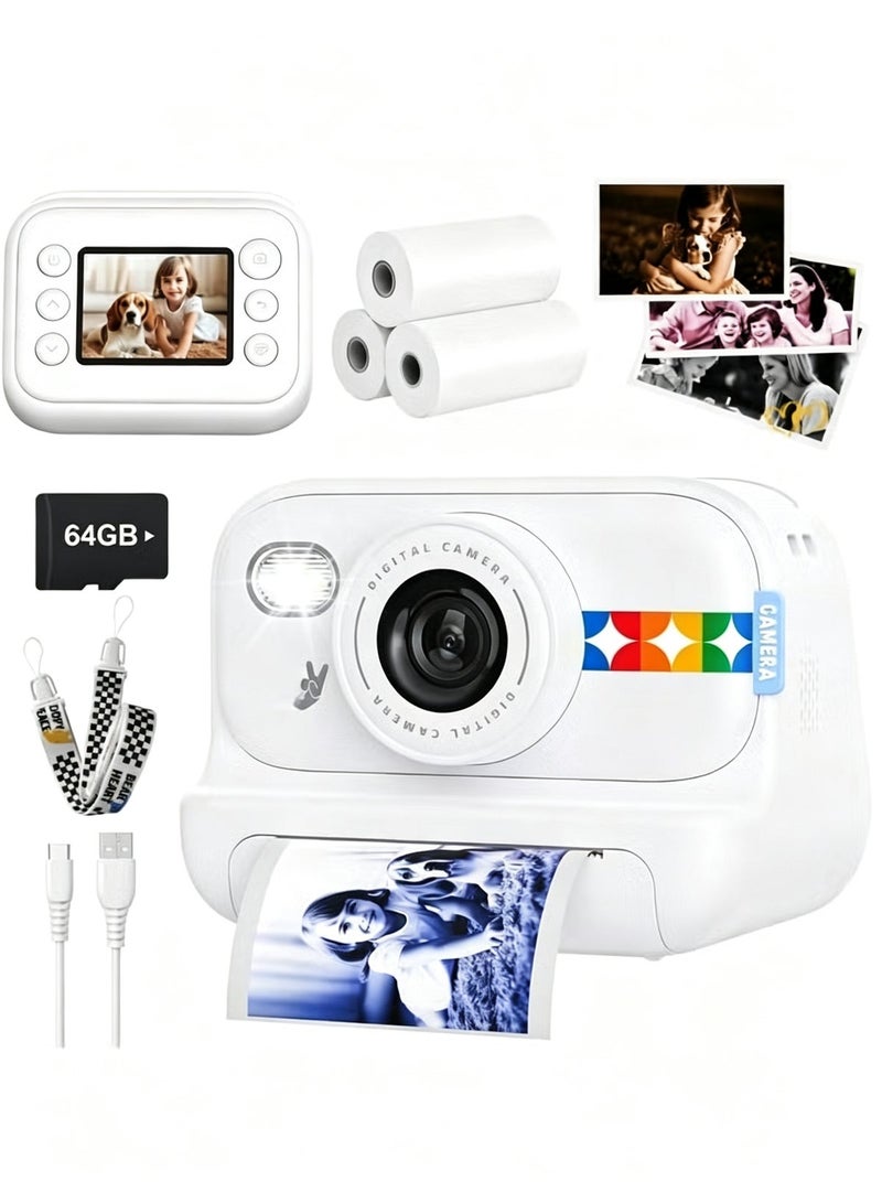 Instant Print Camera for Kids, 48MP Photos 1080P Digital Video Camera, 64GB Card White