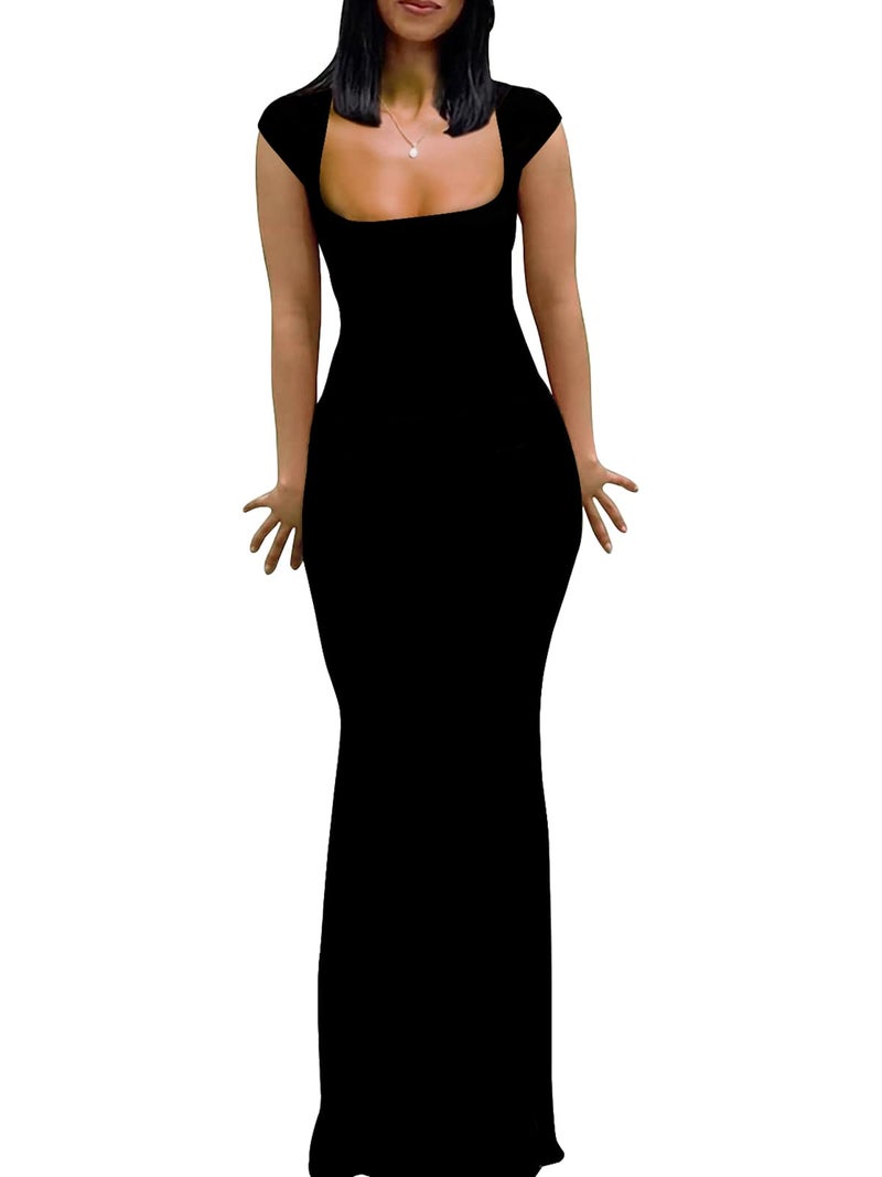 Mokayee Black Dresses for Womens 2026 Summer Sexy Bodycon Maxi Cap Sleeve Tight Lounge Fitted Evening Party Wedding Guest Long Formal Dress L - Image 1