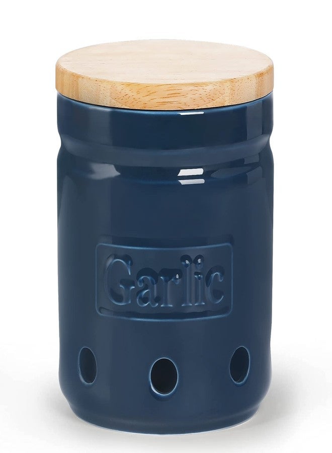 ONTUBE Garlic Keeper with Wooden Lid, 4.5-Inch Ceramic Garlic Holder Storage, Garlic Container for Kitchen, Garlic Saver to Keep Your Garlic Cloves Fresh Longe 24 oz, Navy - Image 1