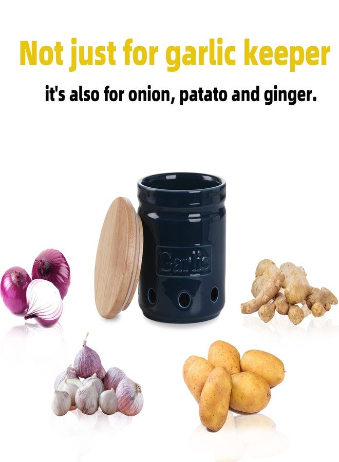 ONTUBE Garlic Keeper with Wooden Lid, 4.5-Inch Ceramic Garlic Holder Storage, Garlic Container for Kitchen, Garlic Saver to Keep Your Garlic Cloves Fresh Longe 24 oz, Navy - Image 2