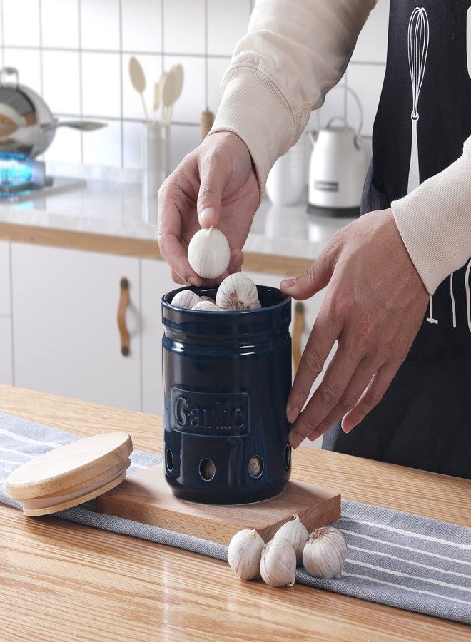ONTUBE Garlic Keeper with Wooden Lid, 4.5-Inch Ceramic Garlic Holder Storage, Garlic Container for Kitchen, Garlic Saver to Keep Your Garlic Cloves Fresh Longe 24 oz, Navy - Image 5