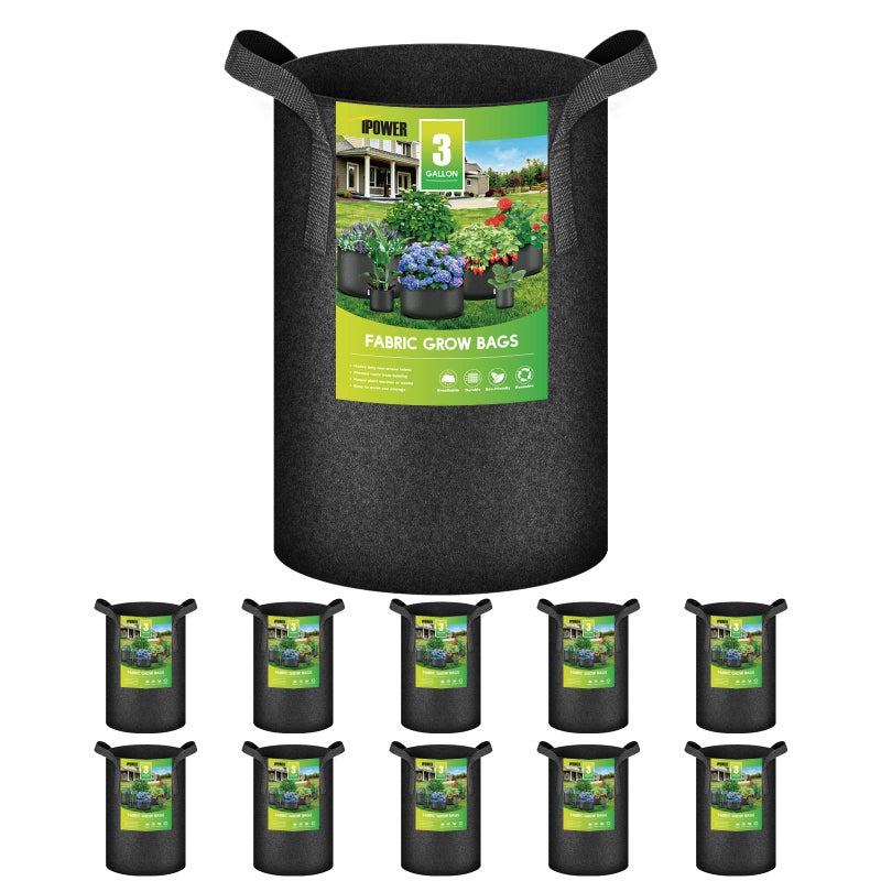 iPower 3 Gallon 10 Pack Grow Bags Nonwoven Fabric Pots Aeration Container with Strap Handles for Garden and Planting, 10-Pack Black, 3 Gallon - Image 1