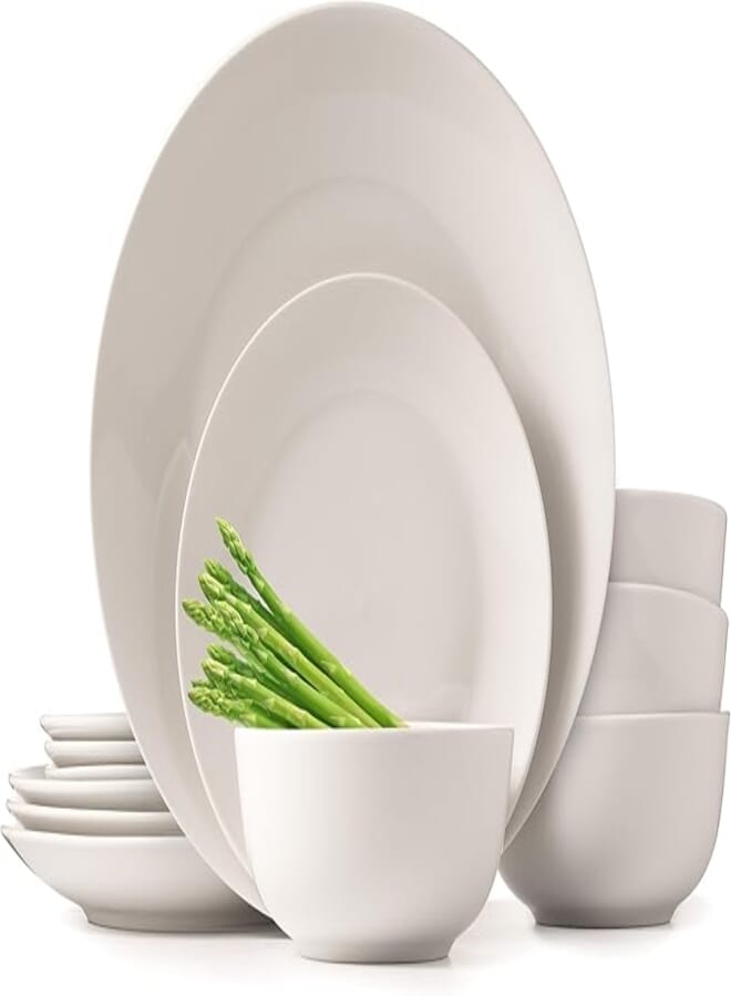 Lefonte Dinnerware Sets, Fine Porcelain Dinnerware Sets, Plates and Bowls Sets, Dishes, 12-Piece Service for 4, Soft White