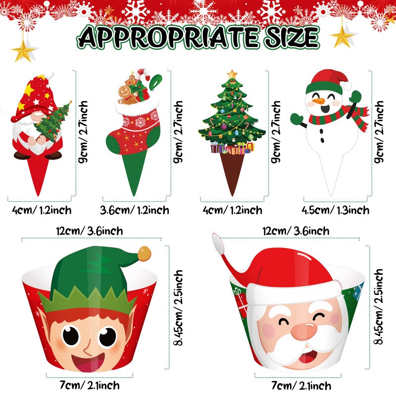 Perthlin 108 Pieces Christmas Cupcake Toppers Wrappers Snowman Santa Claus Reindeer Elf Penguin Gingerbread Christmas Tree Cake Decorations Cupcake Picks Liners for Xmas Holiday Party Supplies Favors - Image 2