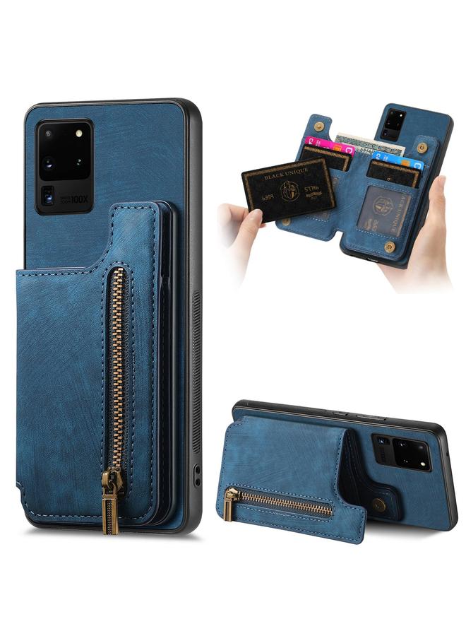 Green Tiger For Samsung Galaxy S20 Ultra Retro Leather Zipper Wallet Back Phone Case(Blue)