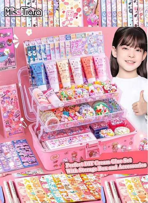 279 Pcs DIY Whipped Cream Clay Glue Set, Simulated DIY Making Art Craft Kit with Cartoon Stickers, Accessories, Key Chains with Storage Box for Gifting Assorted