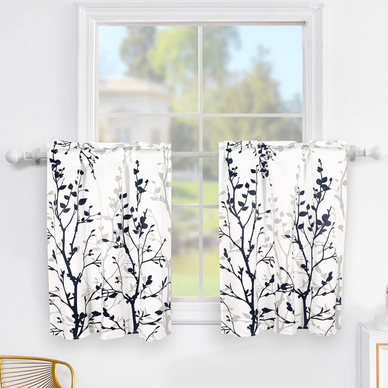 Black Short Kitchen Curtains 30 Inch Length Tree Branch Rod Pocket Bathroom Curtain Tiers 2 Panels Small Window Curtains for CafeBasementRVCamper W25 xL30