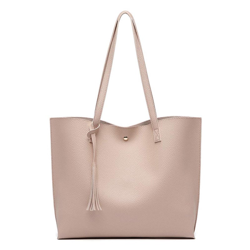 Dreubea Womens Soft Faux Leather Tote Shoulder Bag from Big Capacity Tassel Handbag Apricot Pink