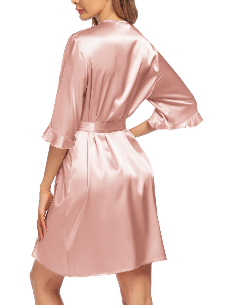 Ekouaer Ekouaer Women's Satin Robe Valentines Lingerie for Women Kimono Bathrobe 3/4 Sleeve Ruffle Belted Robes Bridesmaids  - Image 3