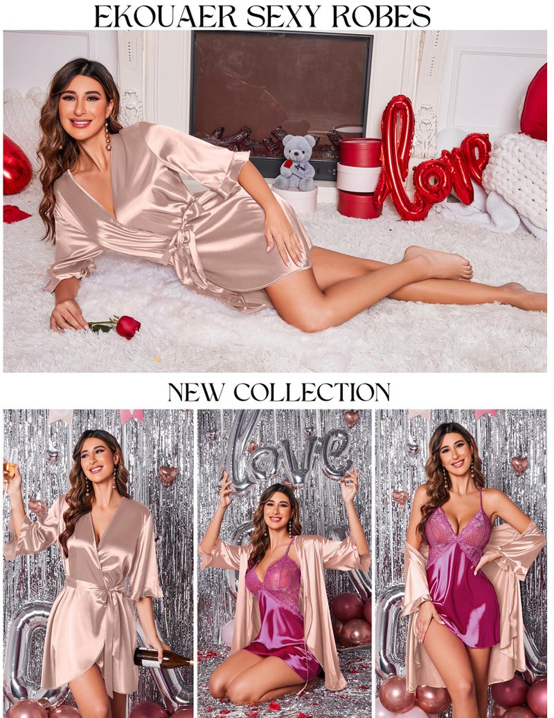 Ekouaer Ekouaer Women's Satin Robe Valentines Lingerie for Women Kimono Bathrobe 3/4 Sleeve Ruffle Belted Robes Bridesmaids  - Image 4