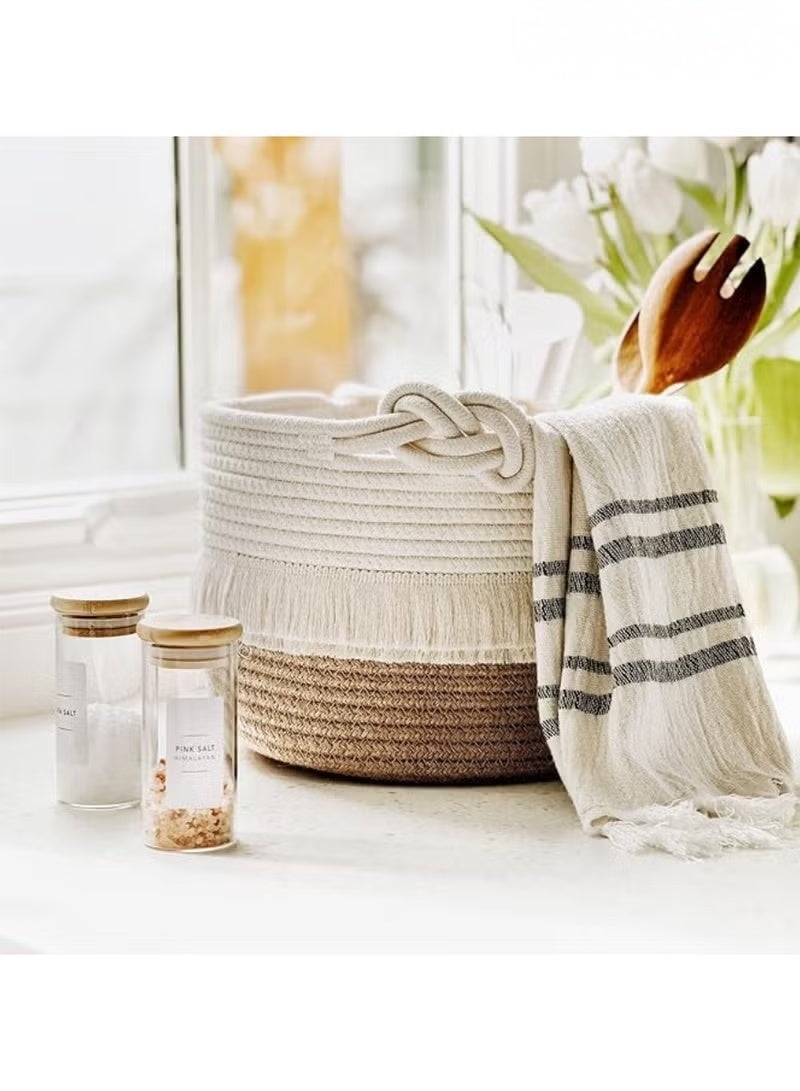 MIXDE Small woven storage basket decorated with cotton and jute rope for diapers, blankets, magazines, and keys, cute tassel daycare decoration - home storage container - Image 2