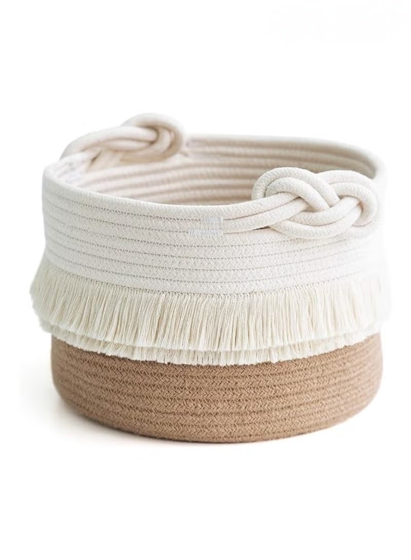 MIXDE Small woven storage basket decorated with cotton and jute rope for diapers, blankets, magazines, and keys, cute tassel daycare decoration - home storage container - Image 1