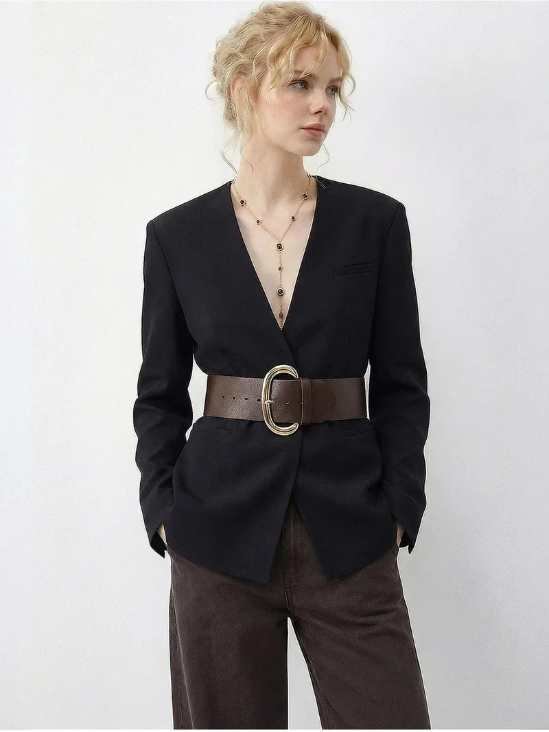 Bianco Lucci LUCCI Belted V-Neck Blazer Jacket
