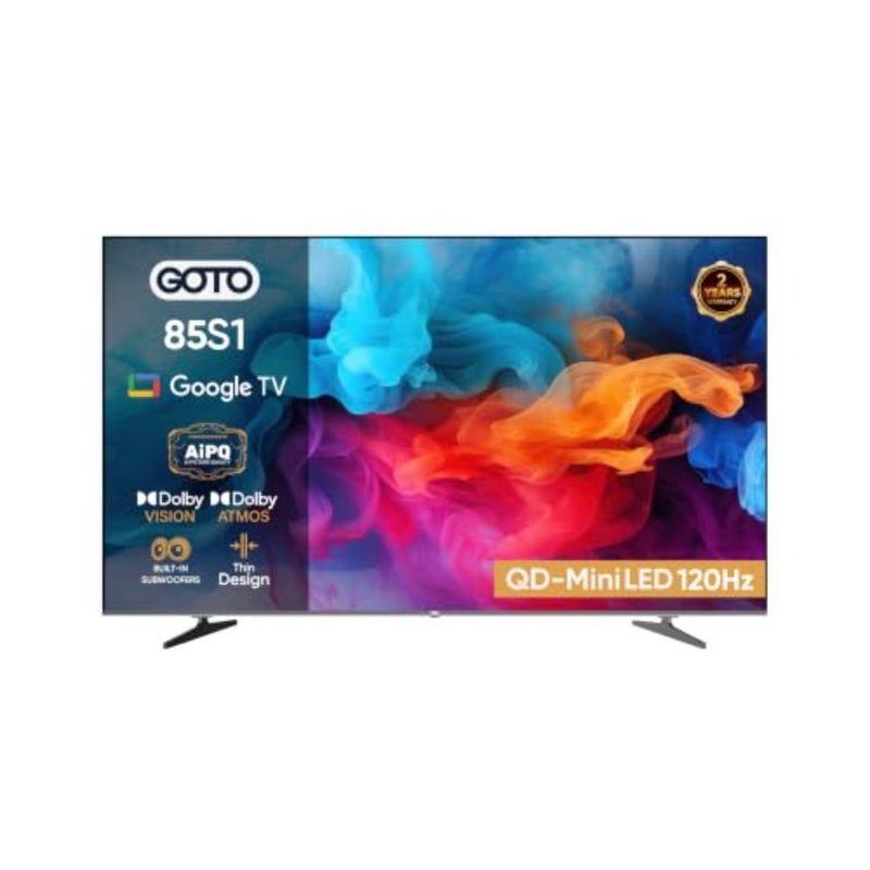 85 Google TV، QD-MiniLED، 4K UHD، وضع معزز الألعاب 120 هرتز + VRR، معالج رباعي النواة، Dolby Vision Dolby ATMOS، Chromecast مدمج، AiPQ، مضخم صوت 20 وات، بلوتوث 5.1، 2.4/5 جيجا هرتز WiFi، بدون إطار - Image 1