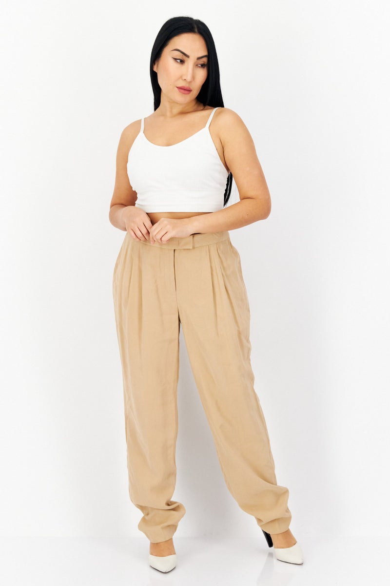 ANNE KLEIN Women Plain High Waist Tapered Pants, Beige  - Image 3