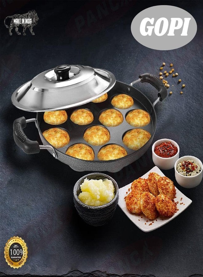 GOPI Aluminium 12 Cavity Appam Patra Paniyarakkal Two Side Handle with Steel lid & Wooden Picker, (23 cm, Black) - Image 2